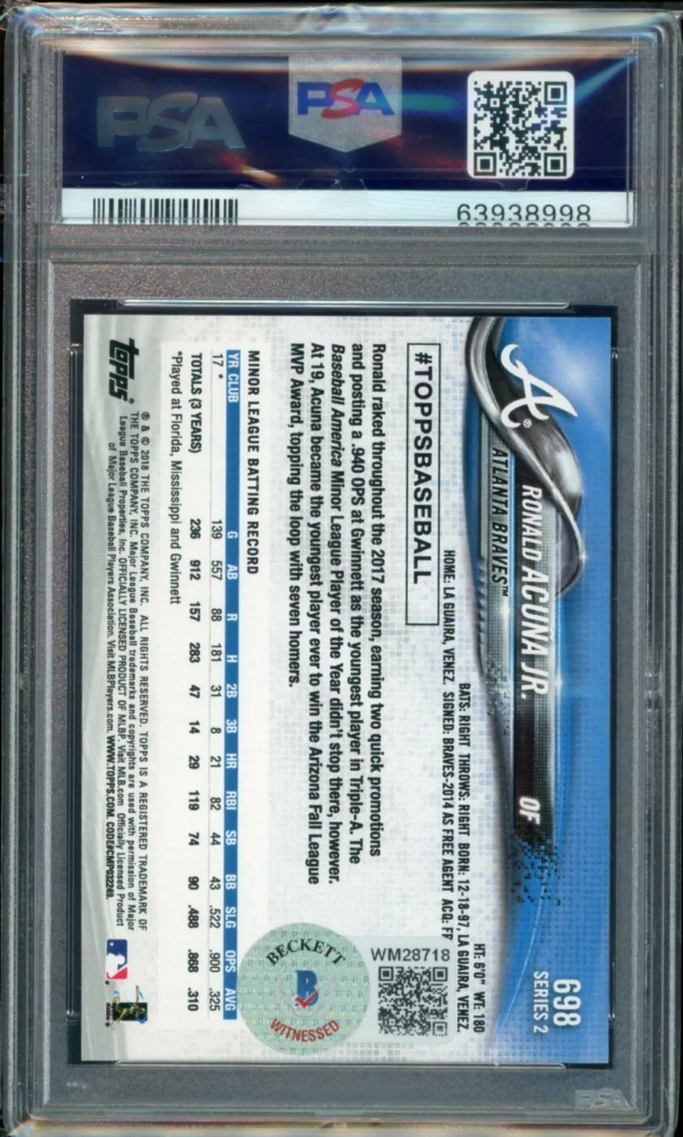 2018 Topps # 698 Ronald Acuna Jr. RC Rookie Signed Bat Down PSA/DNA 10 Auto BAS
