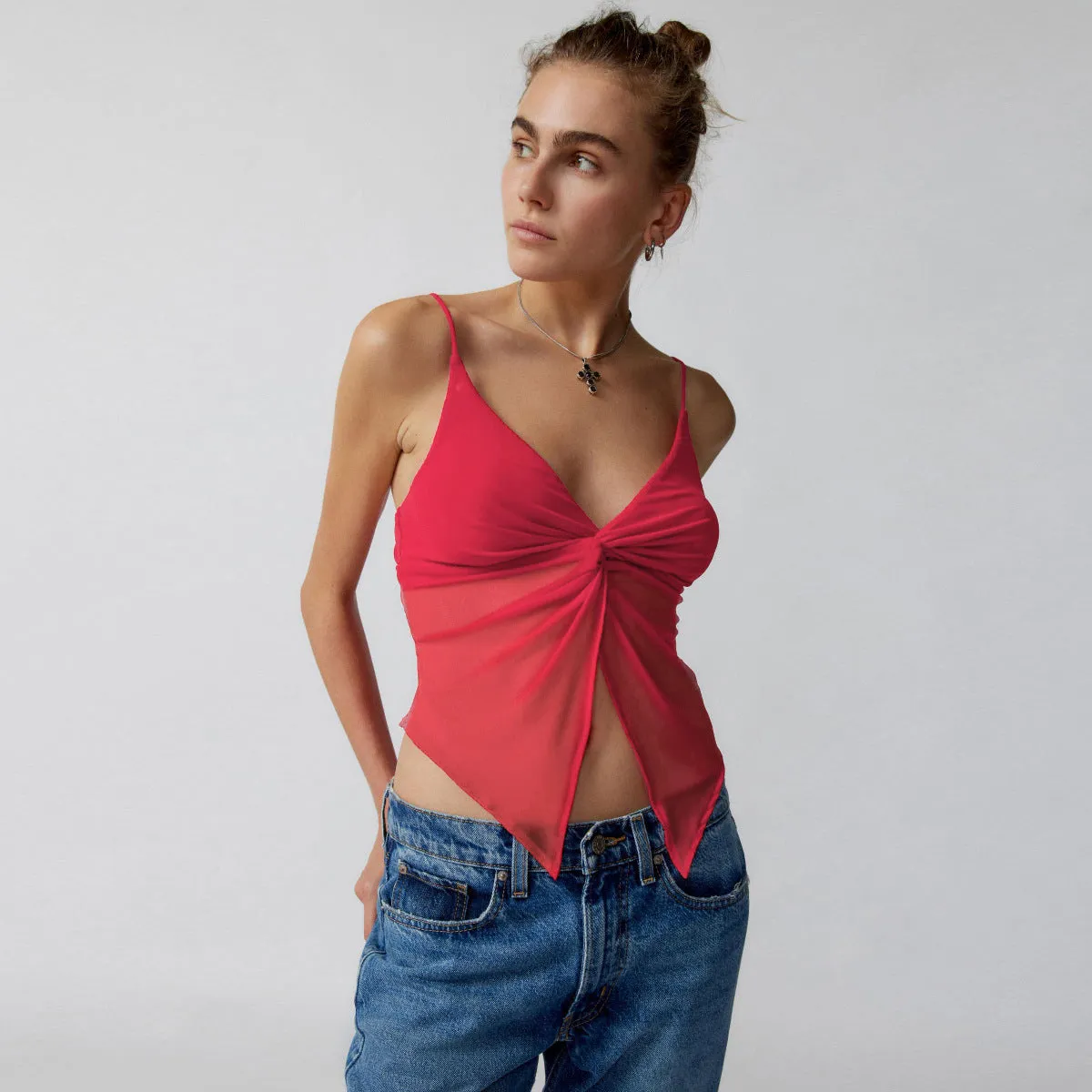 AB07MD European And American Women's New Arrival Bow Sling Cross-border Hot-look Sexy Small Vest Mesh Spice Inner Base Shirt For Women
