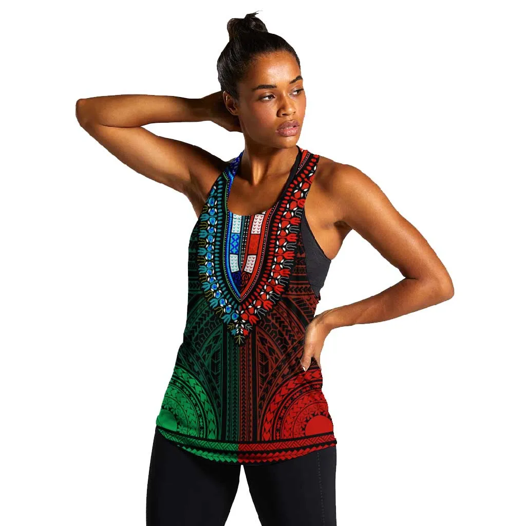 African Dashiki and Polynesian Pattern Women Racerback Tank Half Green-Red LT9