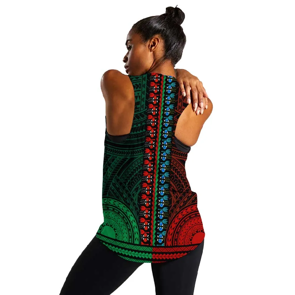 African Dashiki and Polynesian Pattern Women Racerback Tank Half Green-Red LT9