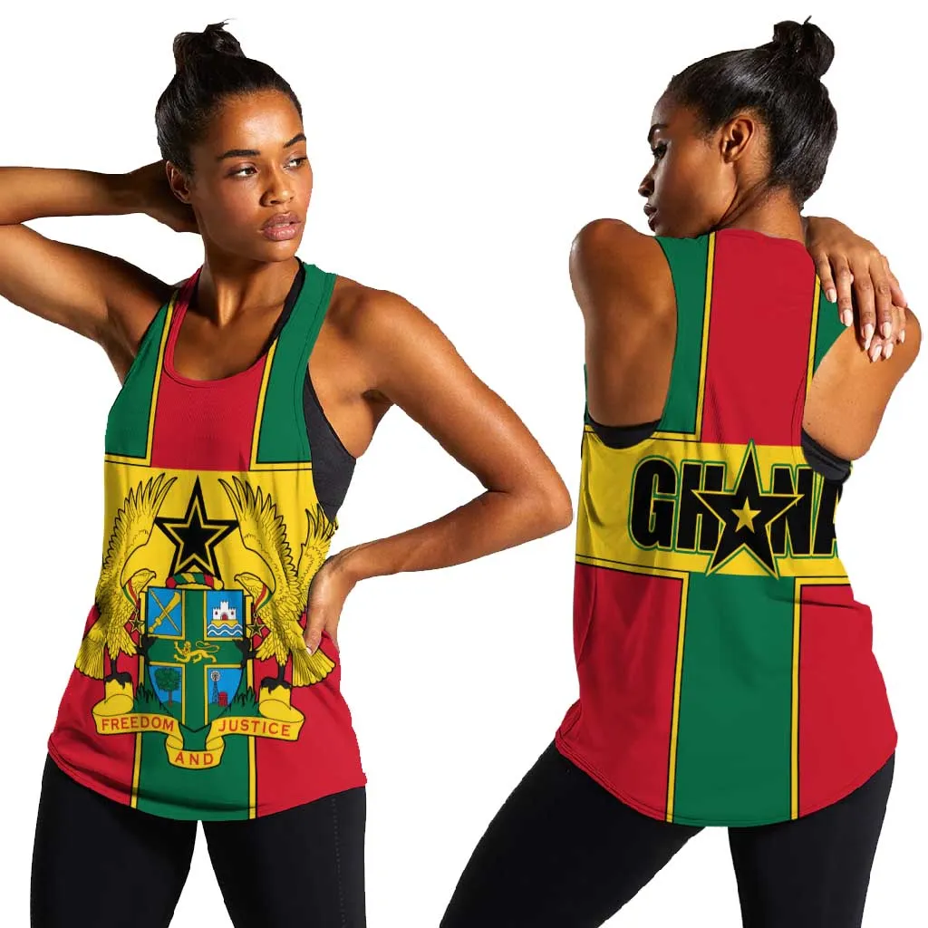 African Ghana Women Racerback Tank Flag with Coat of Arms Simple Design TS04