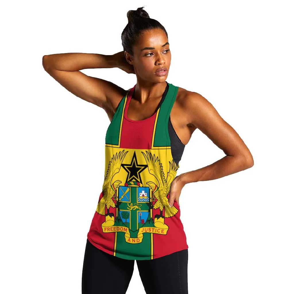 African Ghana Women Racerback Tank Flag with Coat of Arms Simple Design TS04