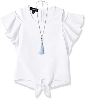 Amy Byer White Flutter Sleeve Top with Necklace - Girls Large