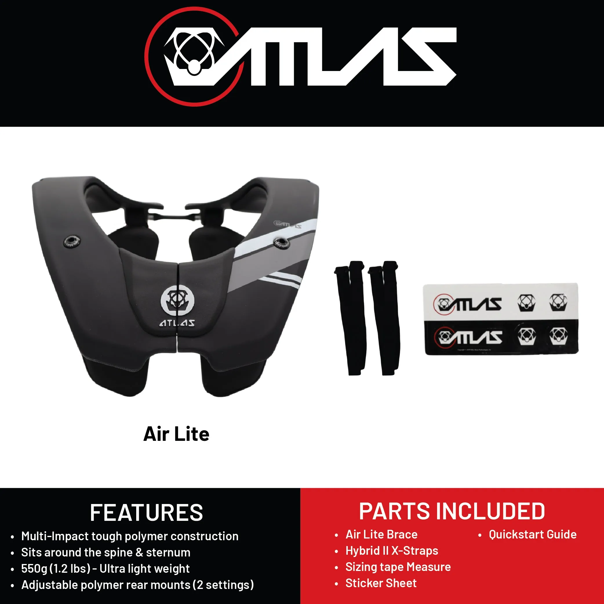 Atlas Air Lite Anti-Compression Sport Neck Brace (Adult - Medium) for Use In: Powersports, Offroad Racing, Motocross, Mountain Biking, BMX, Snowmobiling, Snowboarding (Black)