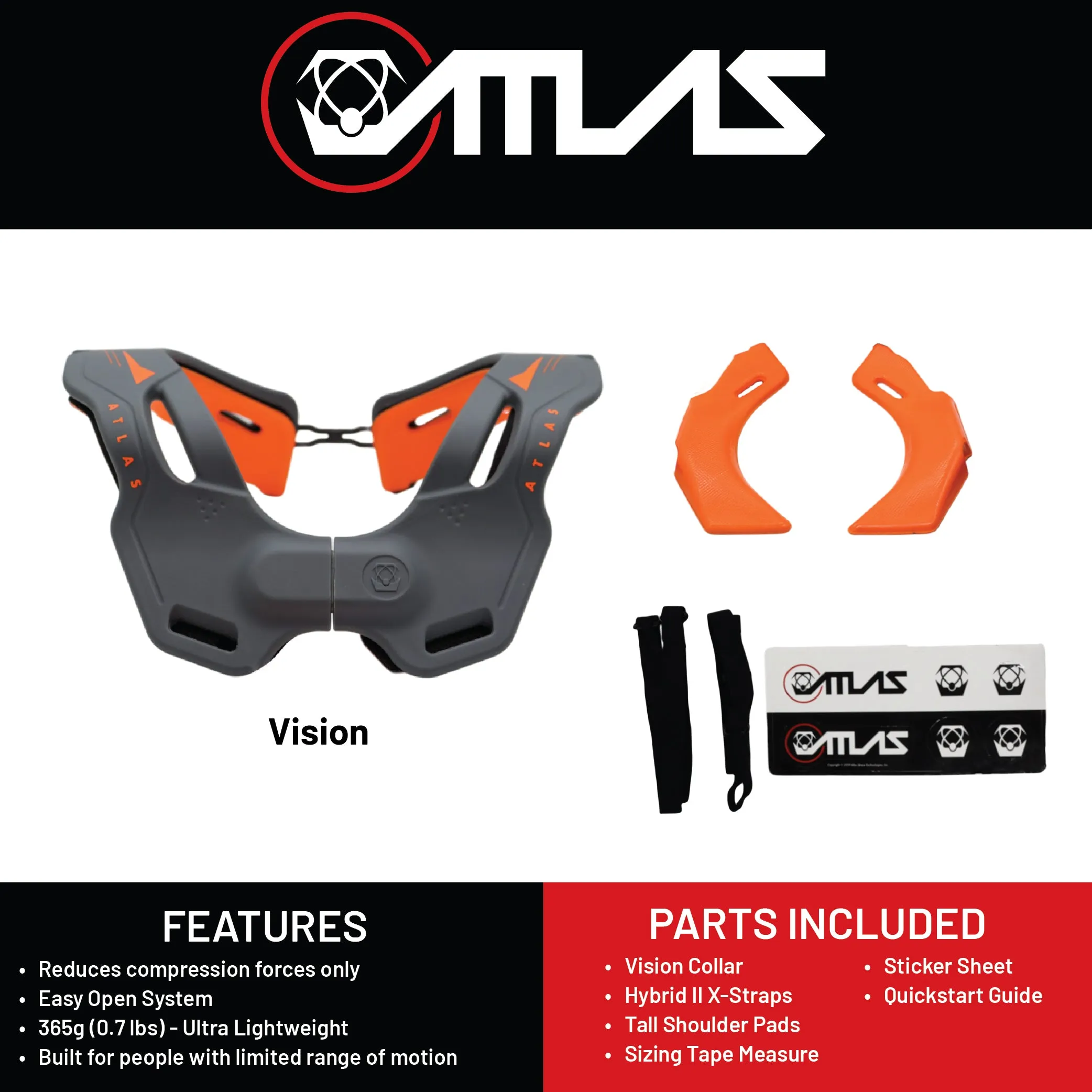 Atlas Vision Anti-Compression Sport Neck Brace (Adult - Small/Medium) for Use In: Powersports, Offroad Racing, Motocross, Mountain Biking, BMX, Snowmobiling, Snowboarding (Grey/Orange)