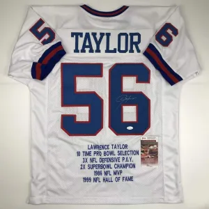 Autographed/Signed Lawrence Taylor New York White Stat Football Jersey JSA COA
