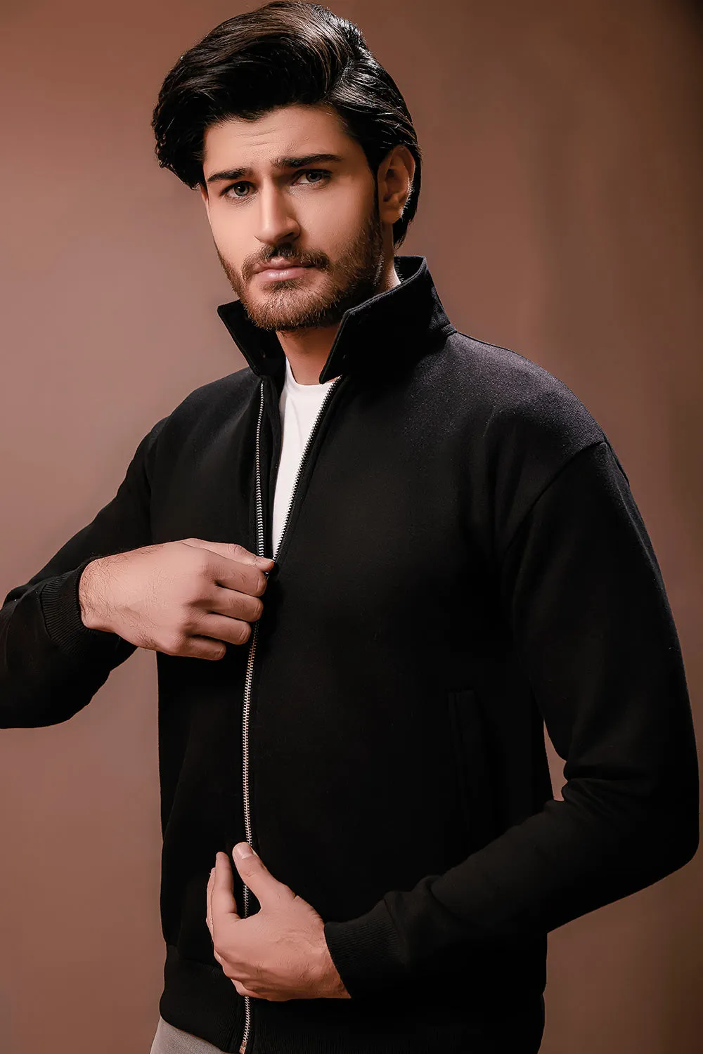 Black Harrington Jacket With Funnel Neck