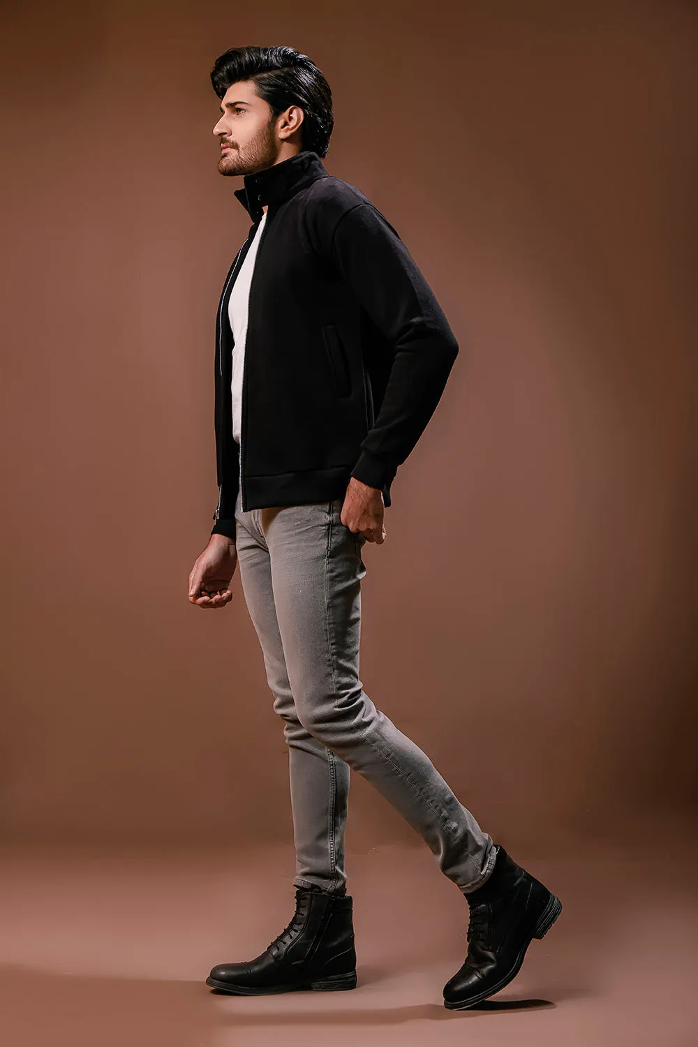 Black Harrington Jacket With Funnel Neck
