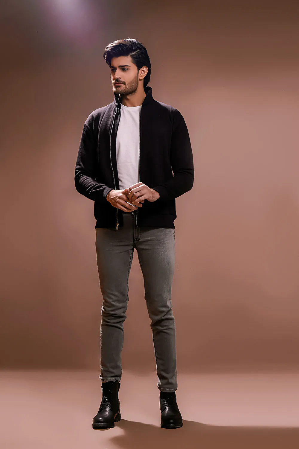 Black Harrington Jacket With Funnel Neck