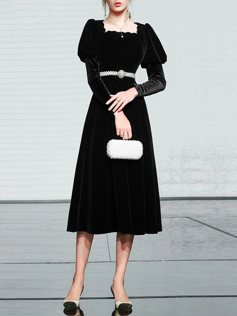 Black Square Collar Puff Long Sleeve  Vintage Velvet Dress