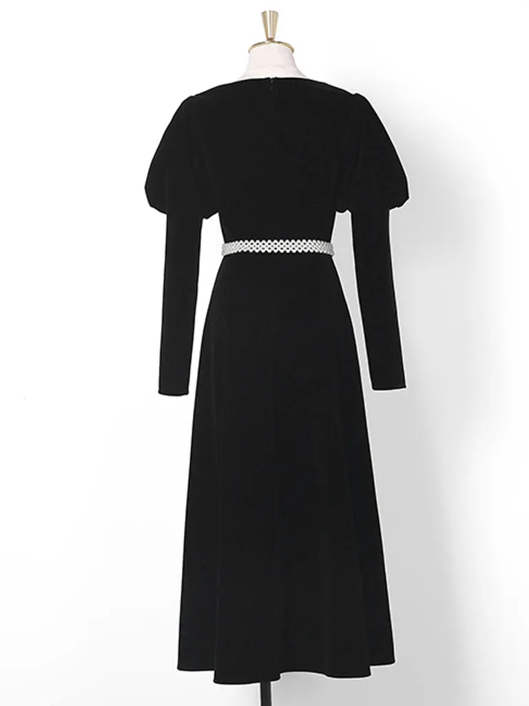 Black Square Collar Puff Long Sleeve  Vintage Velvet Dress
