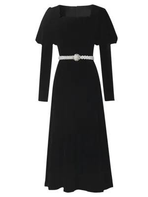 Black Square Collar Puff Long Sleeve  Vintage Velvet Dress