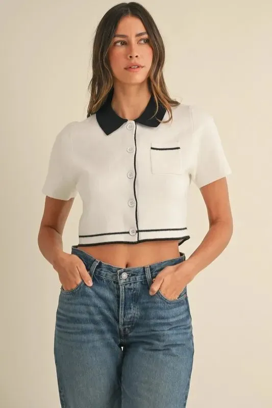 Button Down Contrast Collared Knit Cardigan