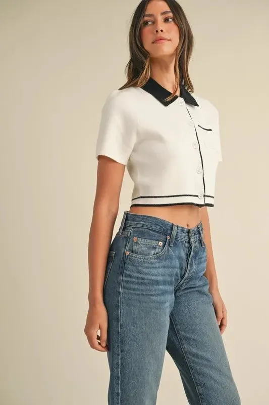 Button Down Contrast Collared Knit Cardigan