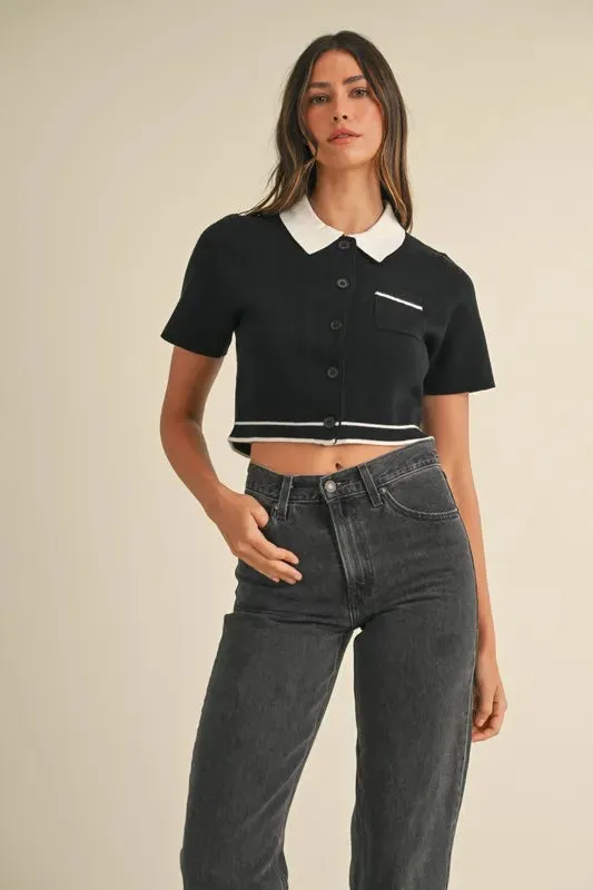 Button Down Contrast Collared Knit Cardigan