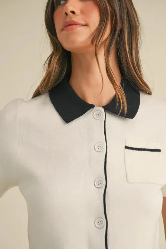 Button Down Contrast Collared Knit Cardigan
