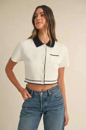 Button Down Contrast Collared Knit Cardigan