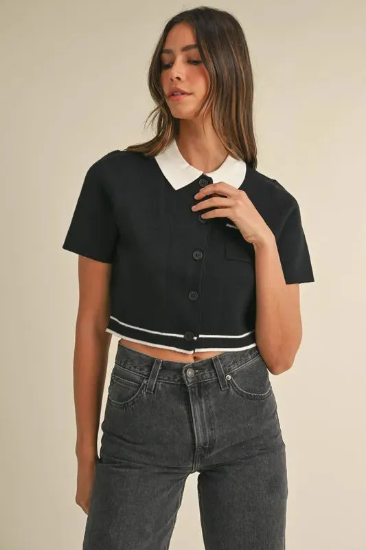 Button Down Contrast Collared Knit Cardigan