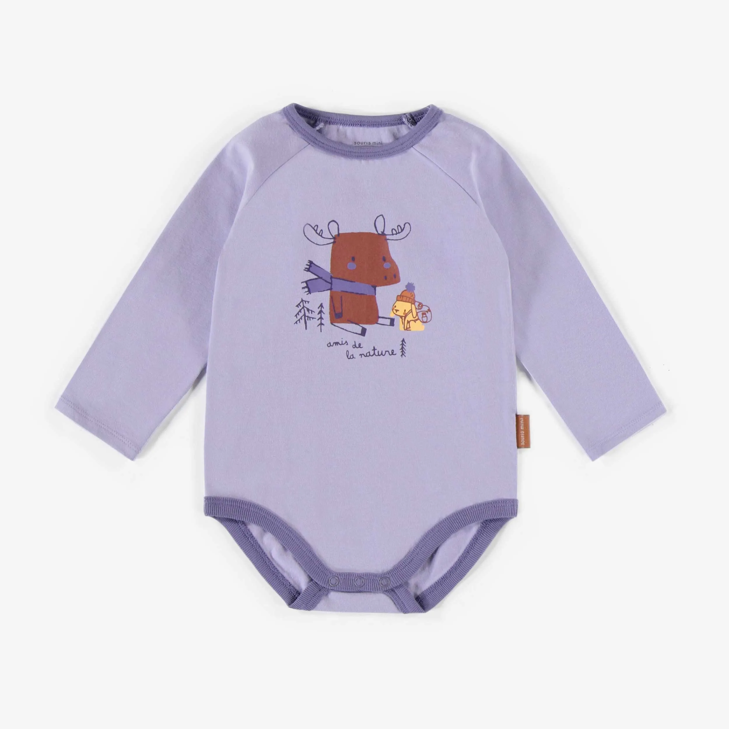 Cache-couche mauve à manches longues en jersey extensible, bébé || Purple long sleeved bodysuit in stretch jersey, baby