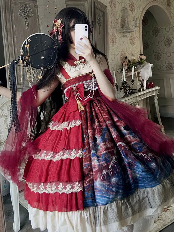 Chinese Style Lolita JSK Dress 2-Piece Set Burgundy Sleeveless Polyester Lolita Jumper Skirt