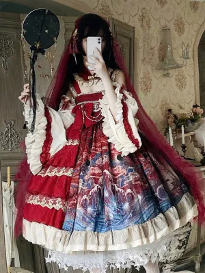 Chinese Style Lolita JSK Dress 2-Piece Set Burgundy Sleeveless Polyester Lolita Jumper Skirt
