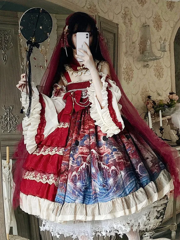 Chinese Style Lolita JSK Dress 2-Piece Set Burgundy Sleeveless Polyester Lolita Jumper Skirt