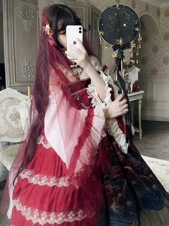 Chinese Style Lolita JSK Dress 2-Piece Set Burgundy Sleeveless Polyester Lolita Jumper Skirt
