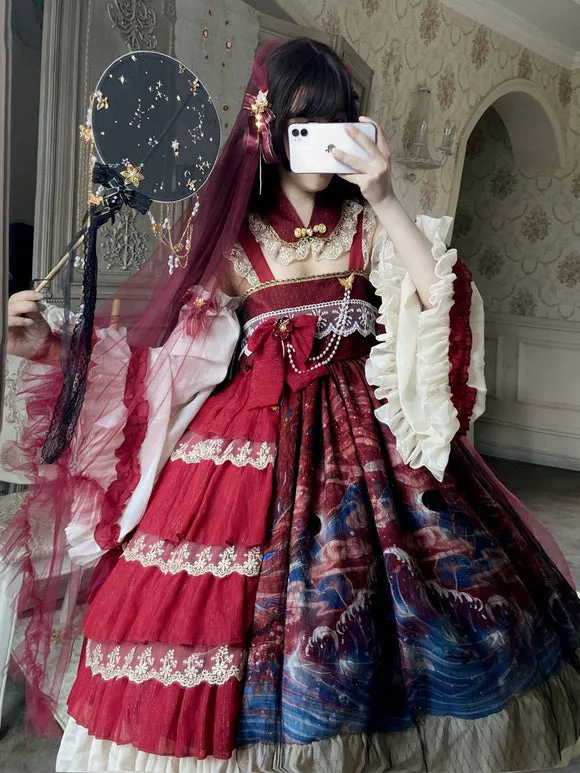 Chinese Style Lolita JSK Dress 2-Piece Set Burgundy Sleeveless Polyester Lolita Jumper Skirt