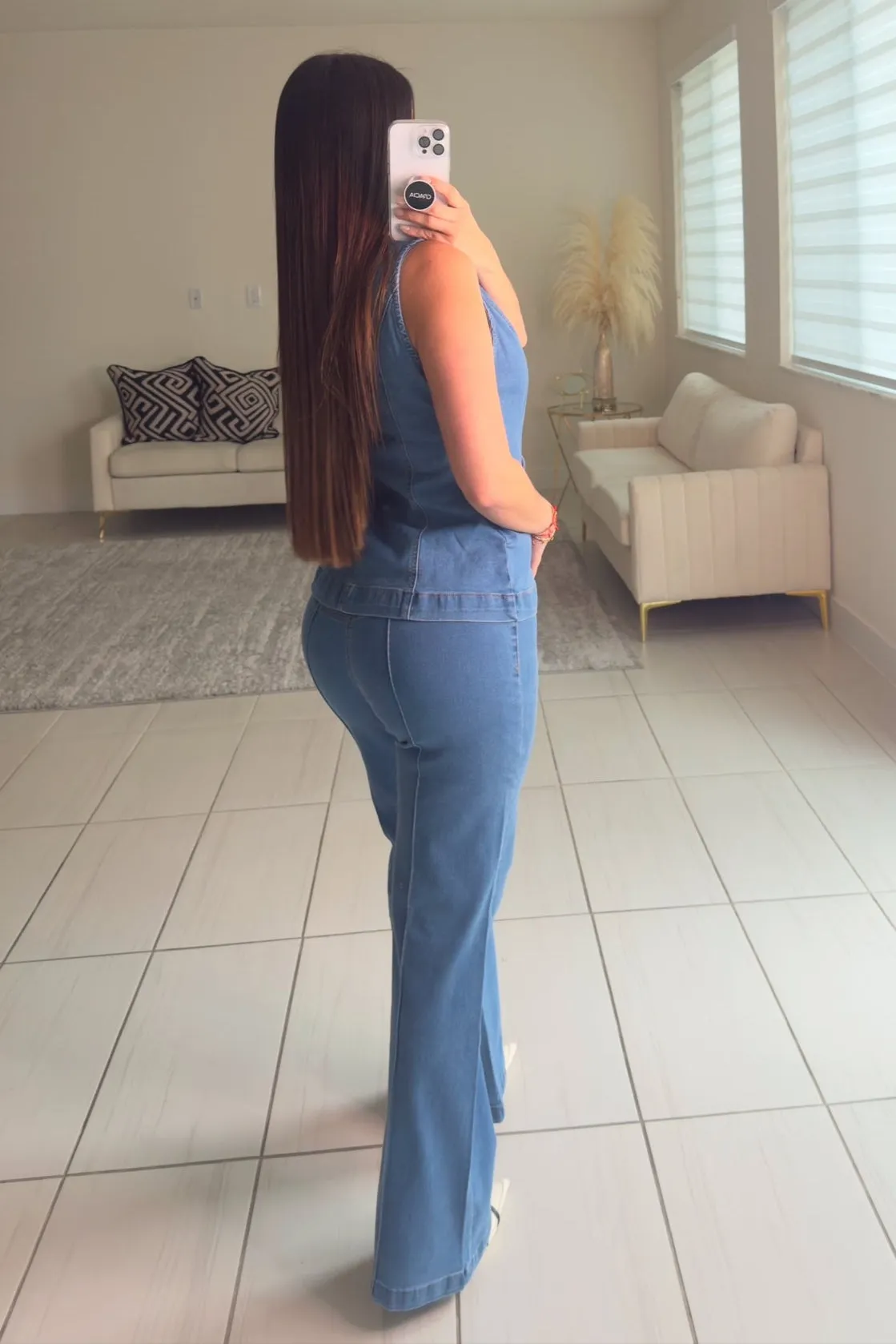 Crewneck Long Line Stretch Denim Pants Set