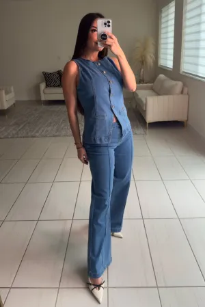 Crewneck Long Line Stretch Denim Pants Set