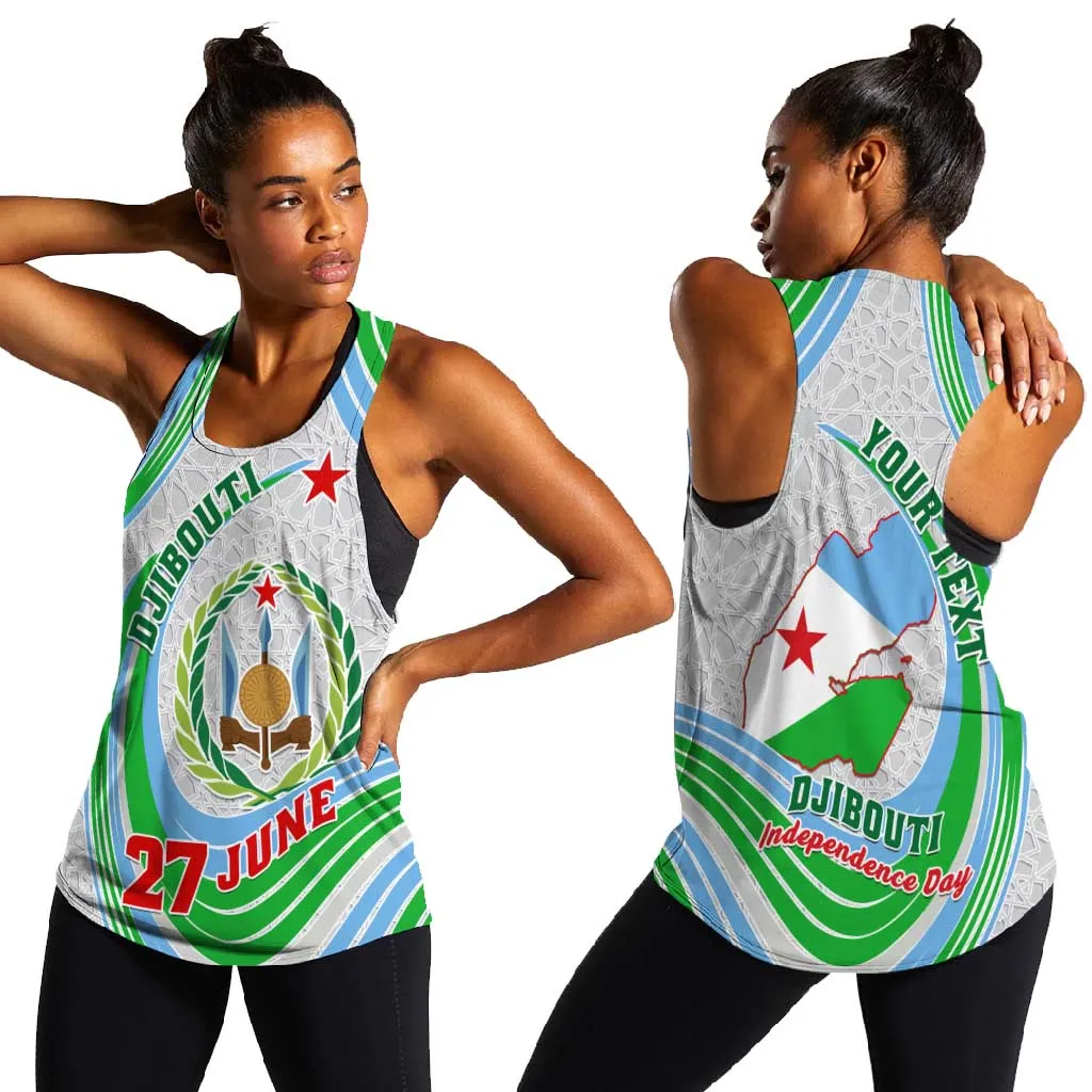 Custom Djibouti Independence Day Women Racerback Tank - June 27, Jabuuti Emblem with Islamic Pattern LT01