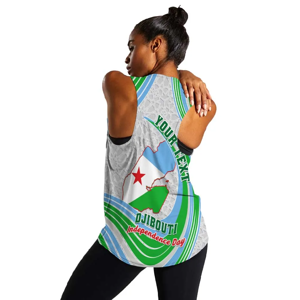 Custom Djibouti Independence Day Women Racerback Tank - June 27, Jabuuti Emblem with Islamic Pattern LT01