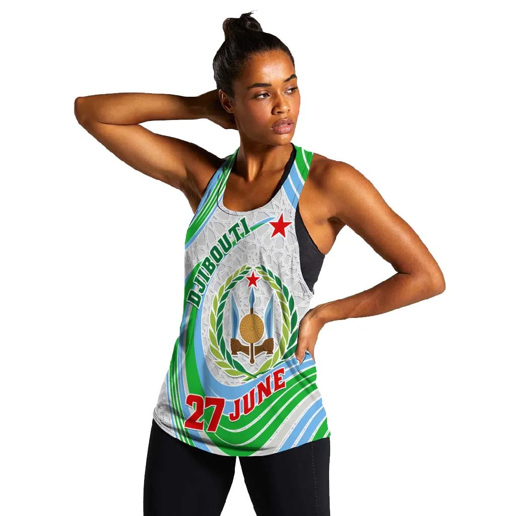 Custom Djibouti Independence Day Women Racerback Tank - June 27, Jabuuti Emblem with Islamic Pattern LT01