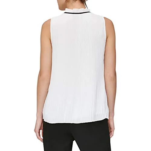 DKNY Women's Sleeveless Neck Tie Blouse, White/Black, M