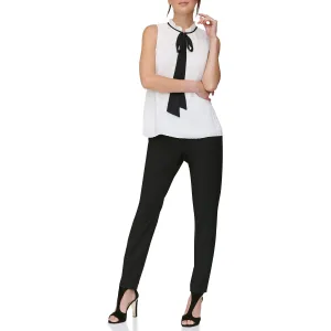 DKNY Women's Sleeveless Neck Tie Blouse, White/Black, M