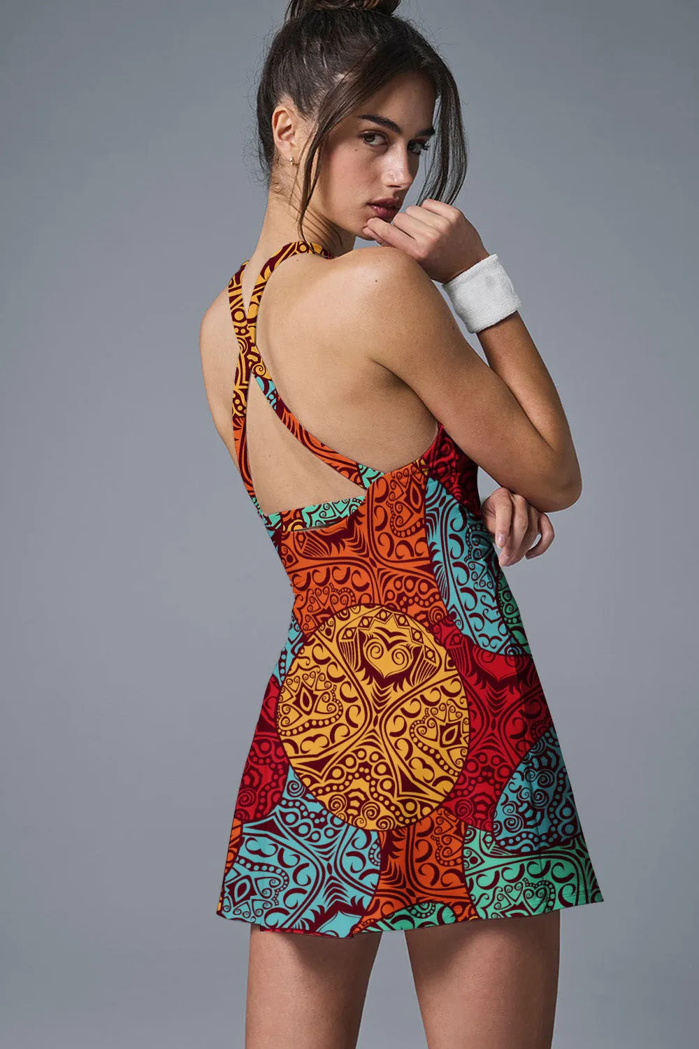 Elyza Crossback Tennis Dress – Tribal Mandala Print, Built-in Shorts, Scalloped Hem
