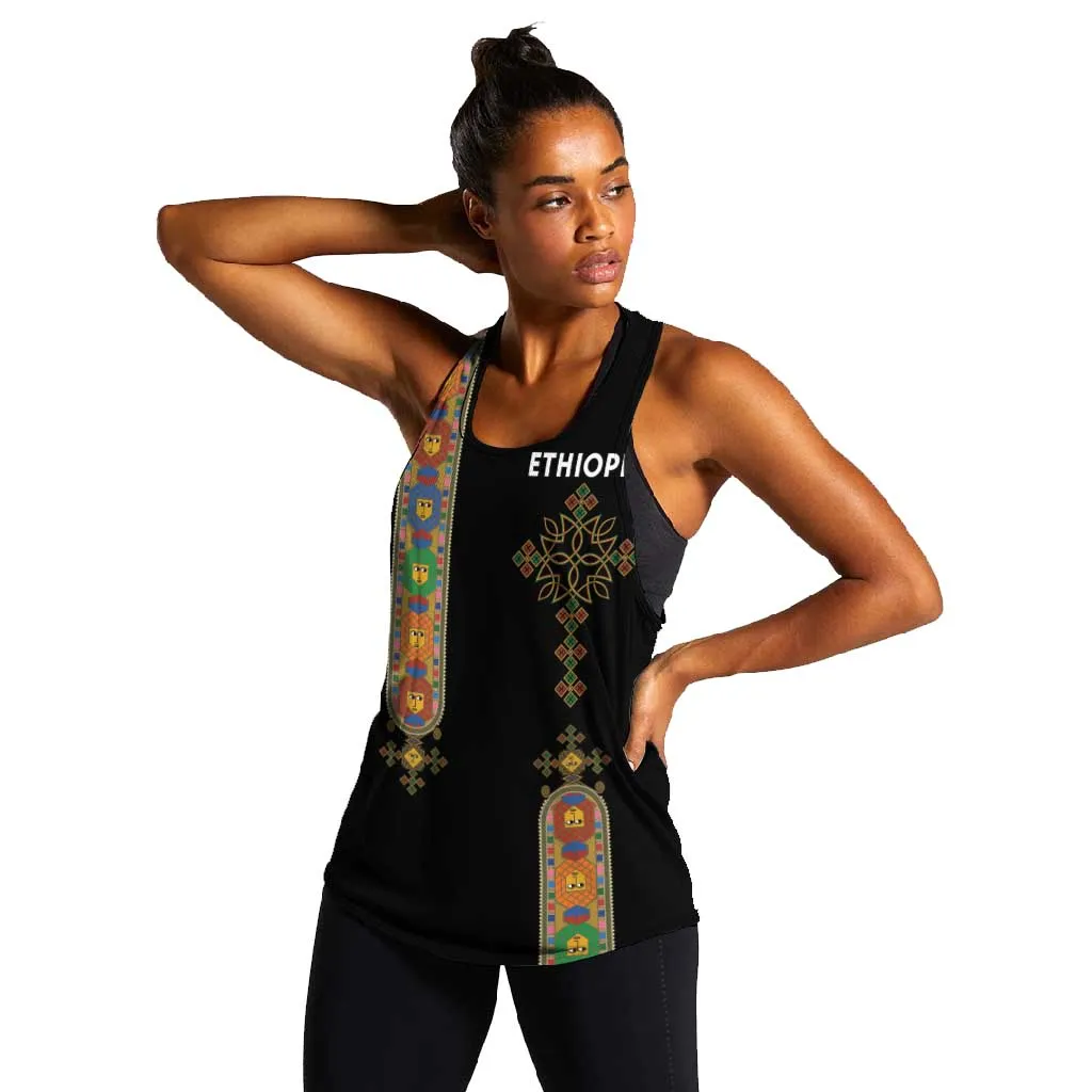 Ethiopia Saba Kemis Women Racerback Tank Lion Of Judah Black Color LT15