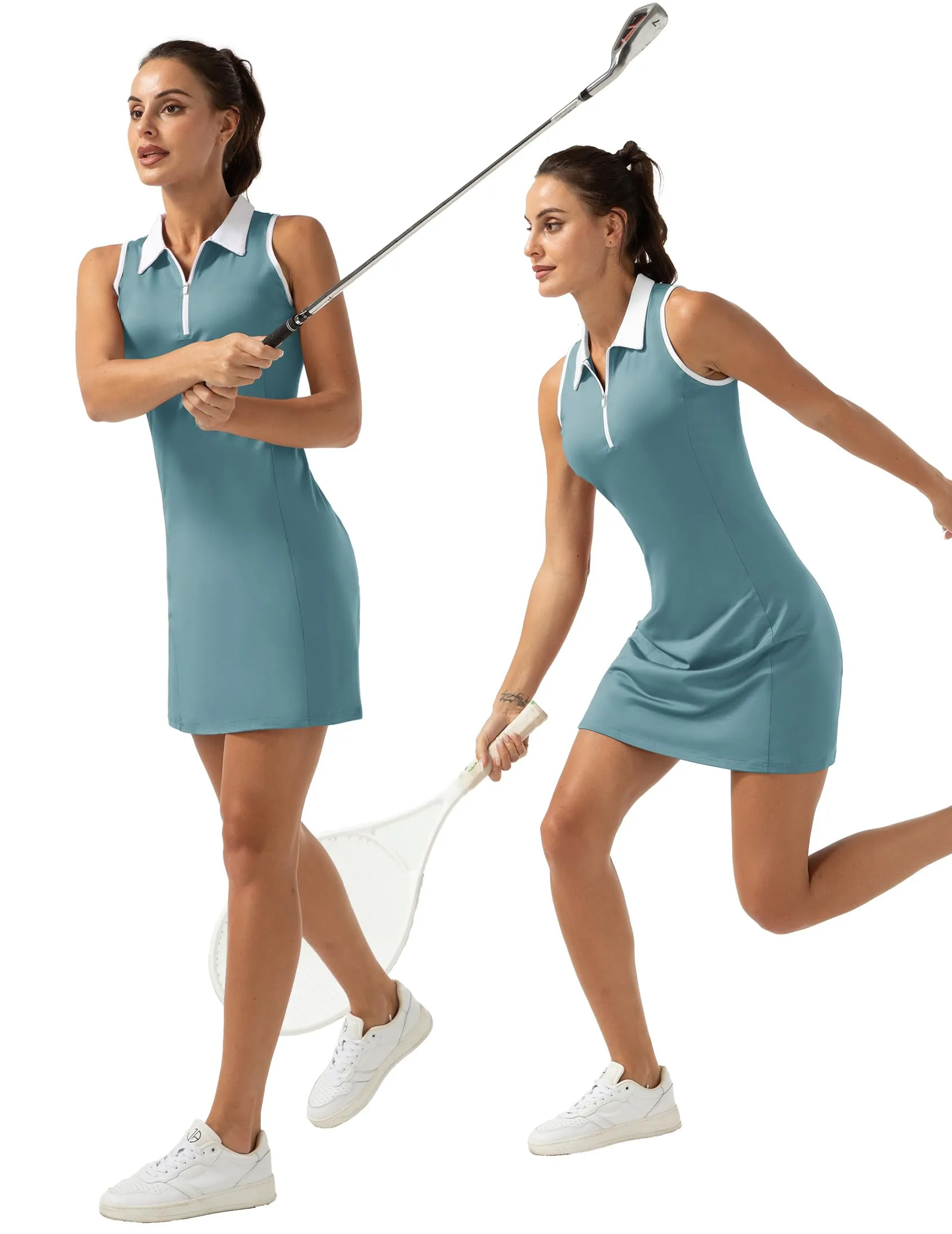 FKEEP Women's Golf Tennis Dress Sport Activewear Zipper V-Neck with Shorts and Pocket Workout Athletic (Lake Blue, S)