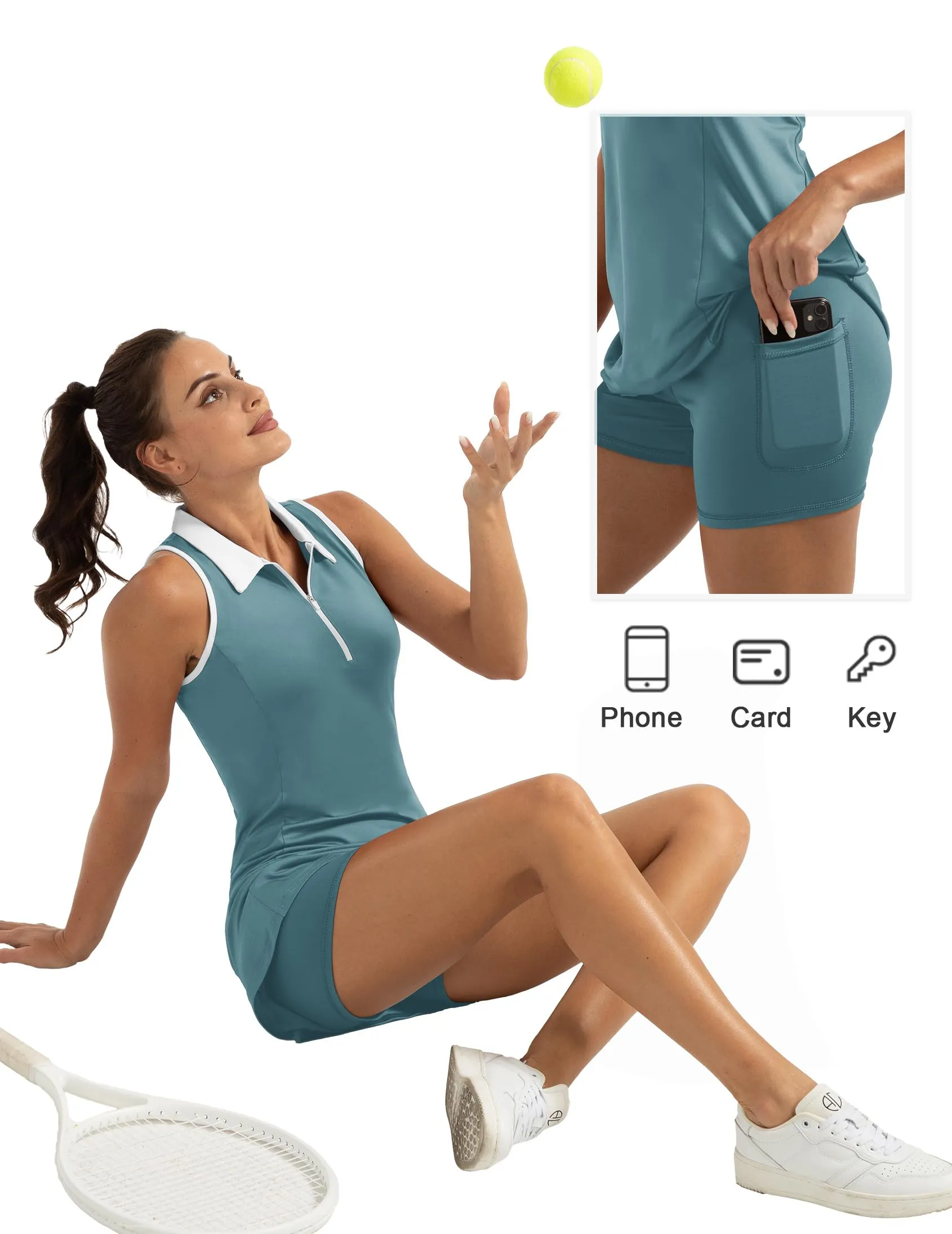 FKEEP Women's Golf Tennis Dress Sport Activewear Zipper V-Neck with Shorts and Pocket Workout Athletic (Lake Blue, S)