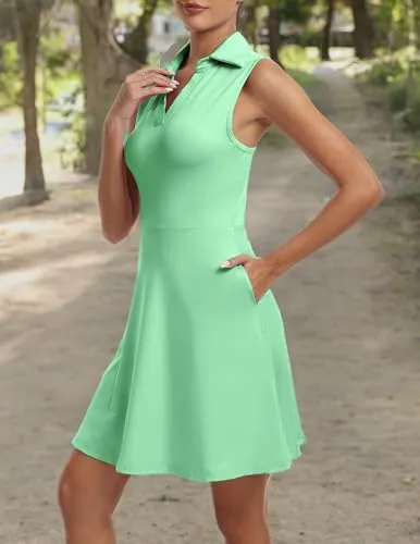 FKEEP Women's Golf Tennis Dress V-Neck with Shorts and Pocket Workout Athletic Dresses (Light Green, XL)