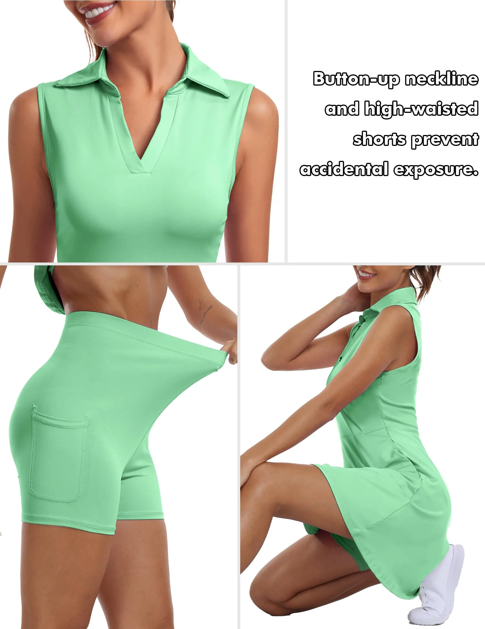 FKEEP Women's Golf Tennis Dress V-Neck with Shorts and Pocket Workout Athletic Dresses (Light Green, XL)