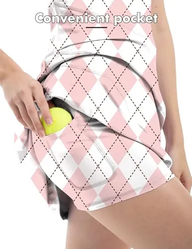 FKEEP Women's Tennis Golf Dresses Zipper V-Neck Sport Activewear with Shorts and Pocket Workout Athletic (Pink Checkerboard, XXL)