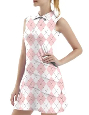 FKEEP Women's Tennis Golf Dresses Zipper V-Neck Sport Activewear with Shorts and Pocket Workout Athletic (Pink Checkerboard, XXL)