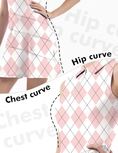 FKEEP Women's Tennis Golf Dresses Zipper V-Neck Sport Activewear with Shorts and Pocket Workout Athletic (Pink Checkerboard, XXL)
