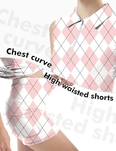 FKEEP Women's Tennis Golf Dresses Zipper V-Neck Sport Activewear with Shorts and Pocket Workout Athletic (Pink Checkerboard, XXL)