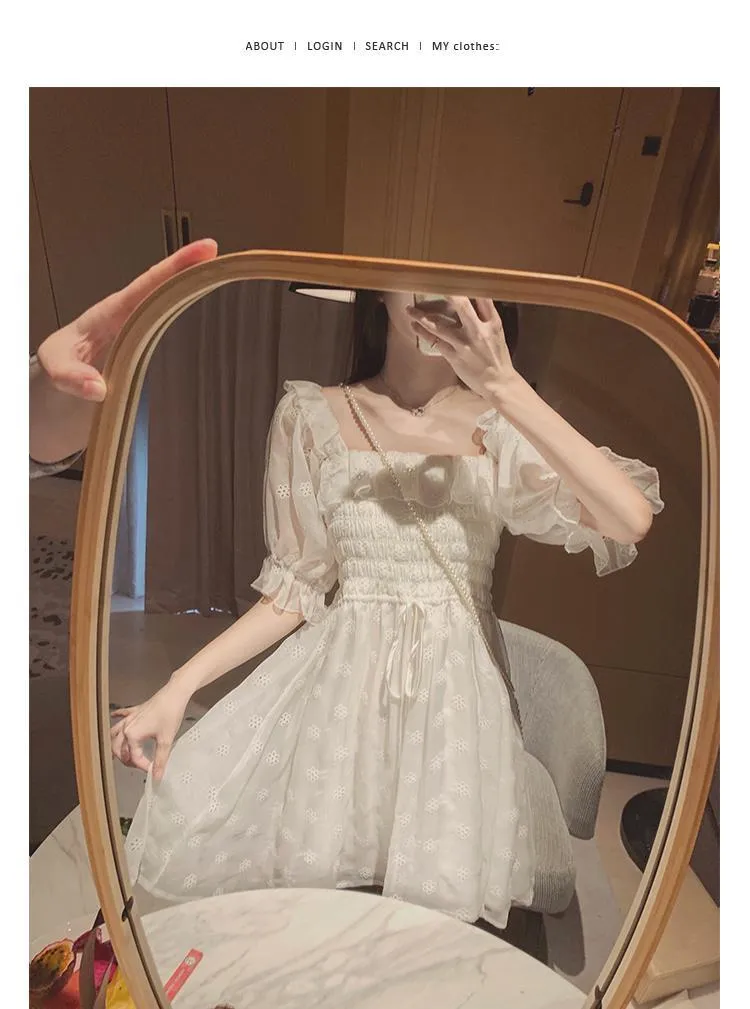 French Summer Dress Women White Puff Sleeve Korean Style Fairy Dress Lace Chiffon Japan Style Kawaii Elegant Vintage Dress