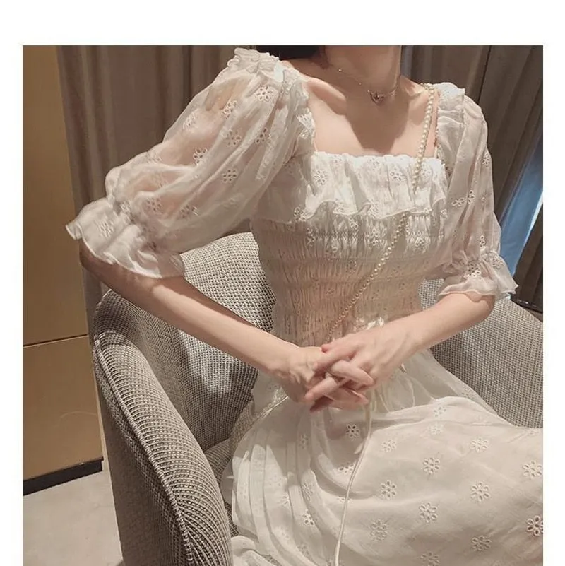 French Summer Dress Women White Puff Sleeve Korean Style Fairy Dress Lace Chiffon Japan Style Kawaii Elegant Vintage Dress