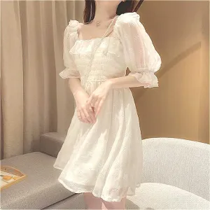 French Summer Dress Women White Puff Sleeve Korean Style Fairy Dress Lace Chiffon Japan Style Kawaii Elegant Vintage Dress