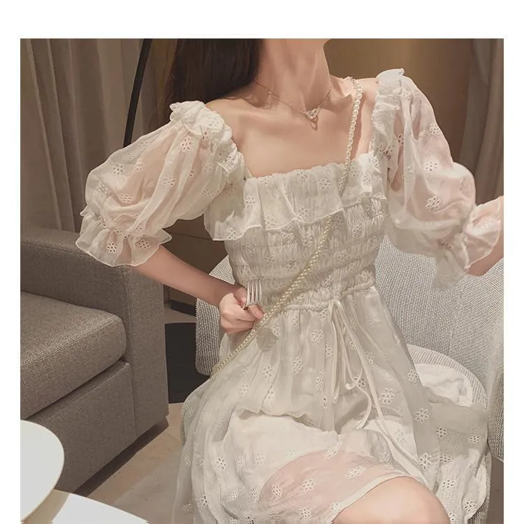 French Summer Dress Women White Puff Sleeve Korean Style Fairy Dress Lace Chiffon Japan Style Kawaii Elegant Vintage Dress