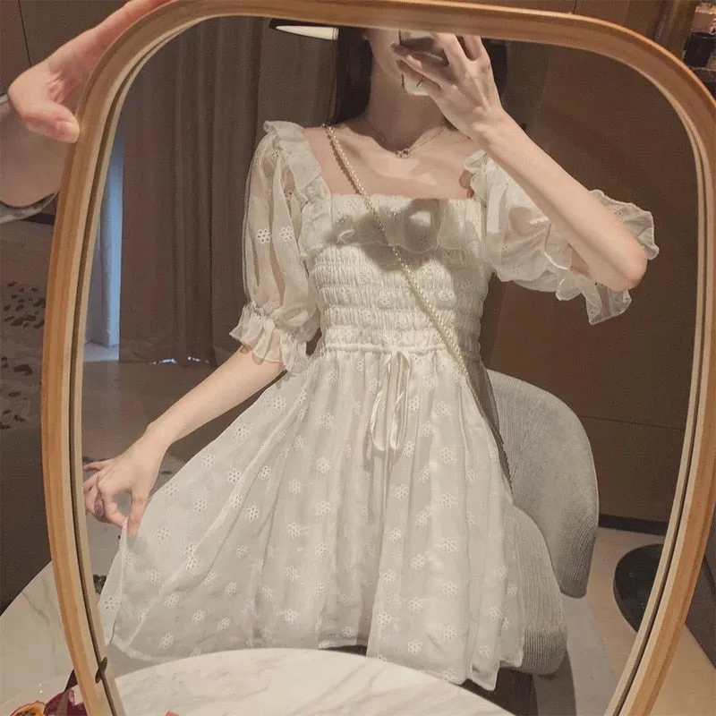 French Summer Dress Women White Puff Sleeve Korean Style Fairy Dress Lace Chiffon Japan Style Kawaii Elegant Vintage Dress